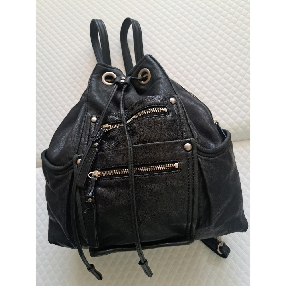 Kooba Black Leather Convertible Tote Backpack Drawstring Shoulder Bag Silver HW